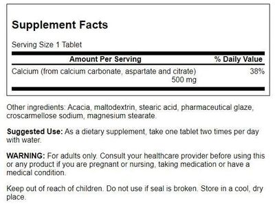 Swanson Calcium (Carbonate Aspartate Citrate) 500 Milligrams 100 Tabs
