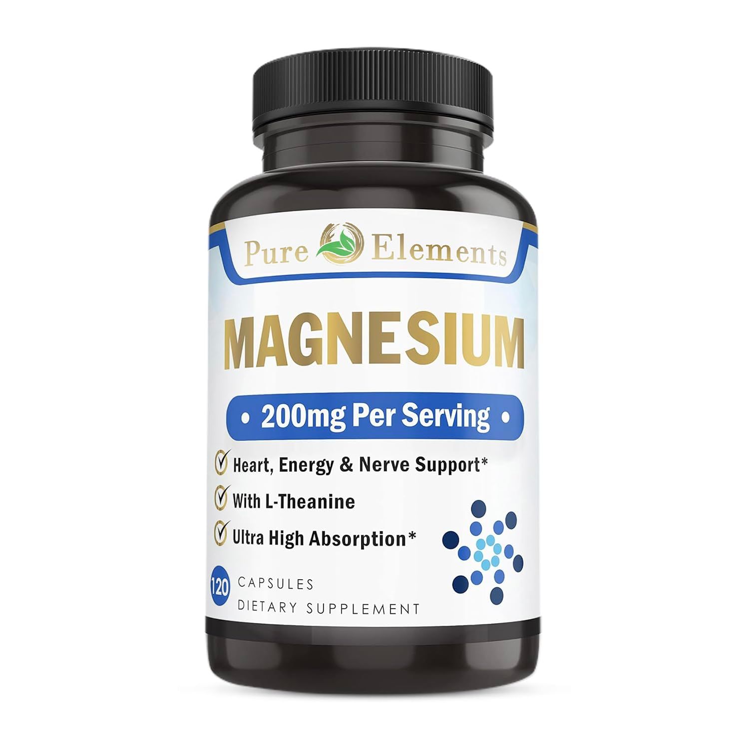 Pure Organic Elements Magnesium Glycinate with L-Theanine,Potassium and Black peper - Ultra High Absorption, 120ct