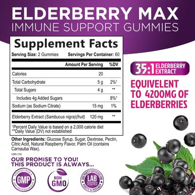 Sambucus Elderberry Immune Gummies - Daily Immune Support for Kids Adults - Super Concentrated 35:1 Extract, Equivalent to 4200mg of Elderberries, Black Elder Berry Vitamin Supplement - 120 Gummies