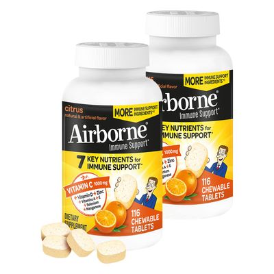 Airborne 1000mg Vitamin C Zinc Immune Support Supplement Chewable Tablets, Citrus Flavor with Powerful Antioxidants Vitamins A C E, 116 Chewable Tablets (2 Pack)