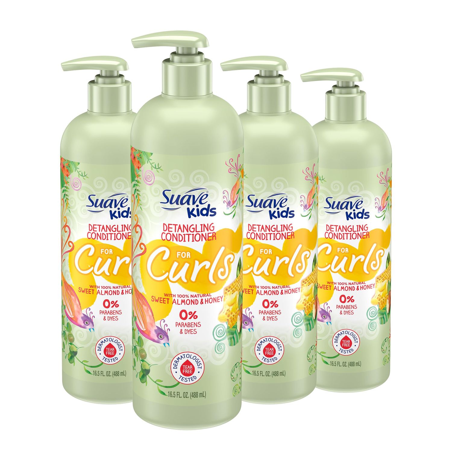 Suave Kids Natural Sweet Almond Honey Curly Hair Detangling Conditioner, Tear Free, No Parabens, No Dyes, 16.5 Oz Pack of 4