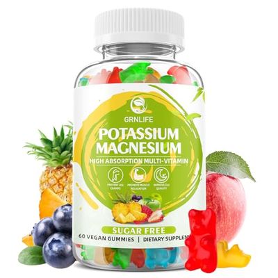 Potassium Magnesium Supplement Gummies, Potassium Gummies for Adults Kids, High Absorption Magnesium Glycinate for Leg Cramps Immune Health, Sugar-Free, Vegan Mixed Flavors, 60 Count