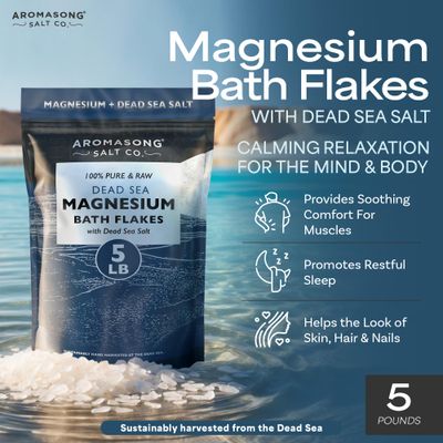 Aromasong Raw Magnesium Flakes for Bath Dead Sea Salt for Soaking - 5 Lb Resealable Pack Magnesium Chloride Flakes - Organic Bath Salt Relaxing Mineral Soak (Packaging May Vary)