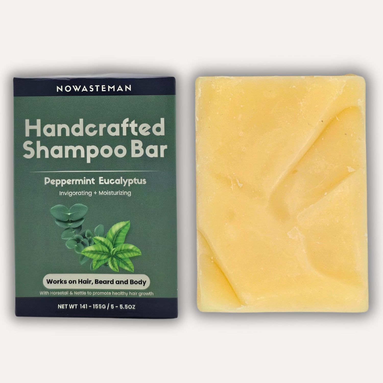 NoWasteMan Peppermint Eucalyptus Shampoo Bar for Hair Rejuvenation with Horsetail Nettle - Natural Ingredients Handmade