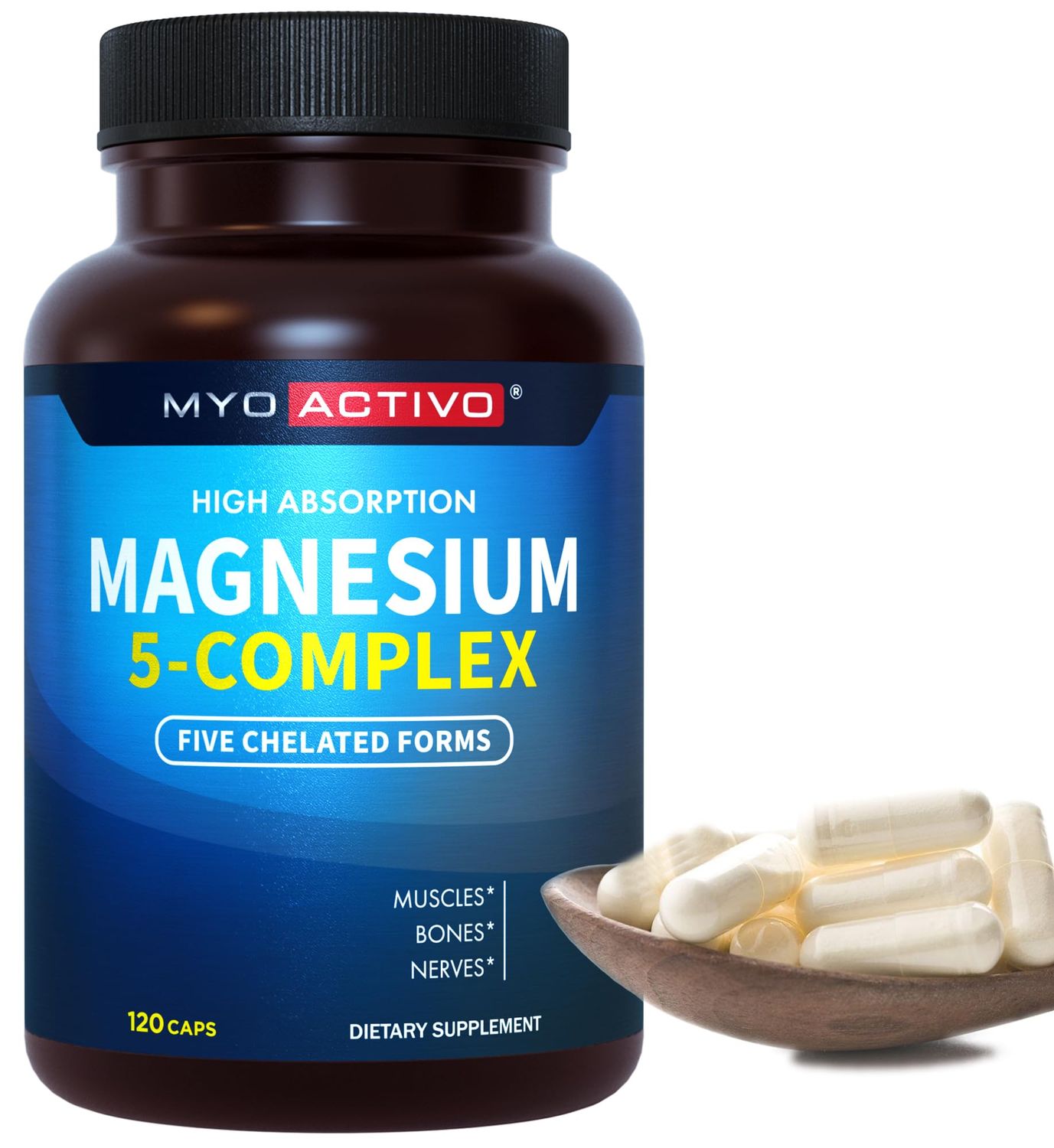 MyoActivo Magnesium 5 Complex - Chelated Magnesium Glycinate, Malate, Citrate, Taurate, Aspartate for Nerves, Muscles, Bones - 1 Pack