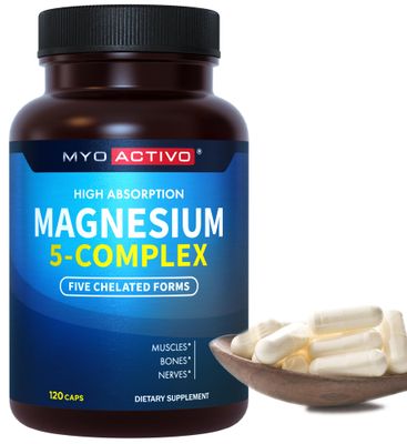 MyoActivo Magnesium 5 Complex - Chelated Magnesium Glycinate, Malate, Citrate, Taurate, Aspartate for Nerves, Muscles, Bones - 1 Pack