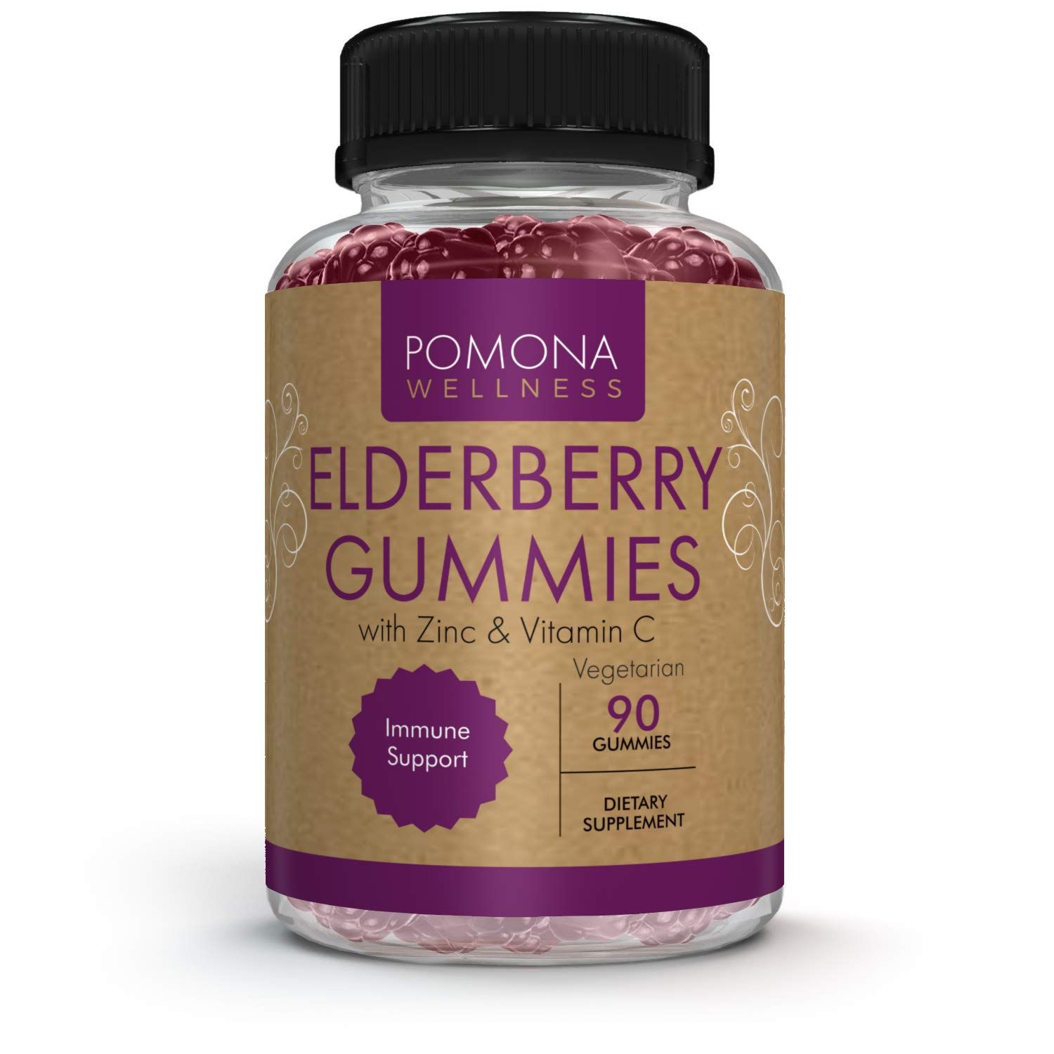 Pomona Wellness Elderberry Gummies with Zinc and Vitamin C for Immune Support 3-1 Chewable Black Elderberry Gummy Supplement for Kids and Adults, Vegan, 90 Gummies