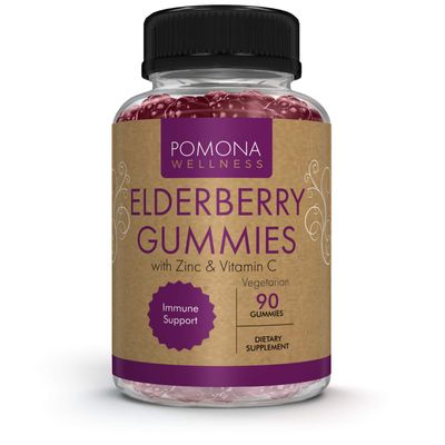 Pomona Wellness Elderberry Gummies with Zinc and Vitamin C for Immune Support 3-1 Chewable Black Elderberry Gummy Supplement for Kids and Adults, Vegan, 90 Gummies
