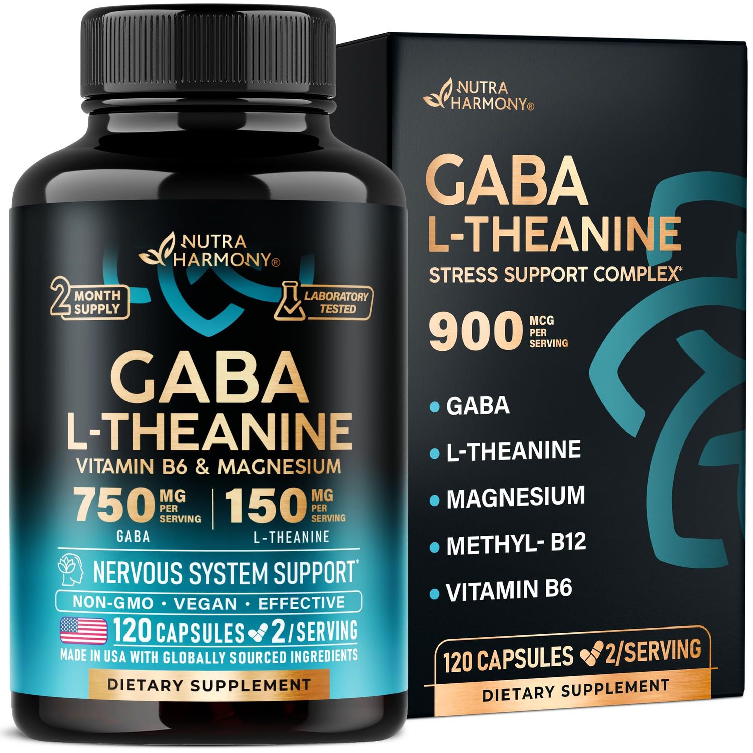 GABA L-Theanine 900 mg - Made in USA - Magnesium Vitamin B6 - Calm, Sleep, Relaxation Mood Support - 750 mg Gamma AminoButyric Acid, 150 mg L-Theanine - Non-Habit Forming, Vegan - 120 Capsules