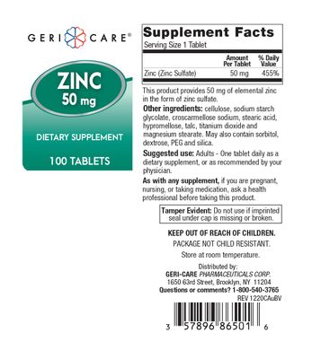 Zinc Sulfate Tablets 50mg by Geri-Care Dietary Supplement 100 Count Bottle, 2-Pack