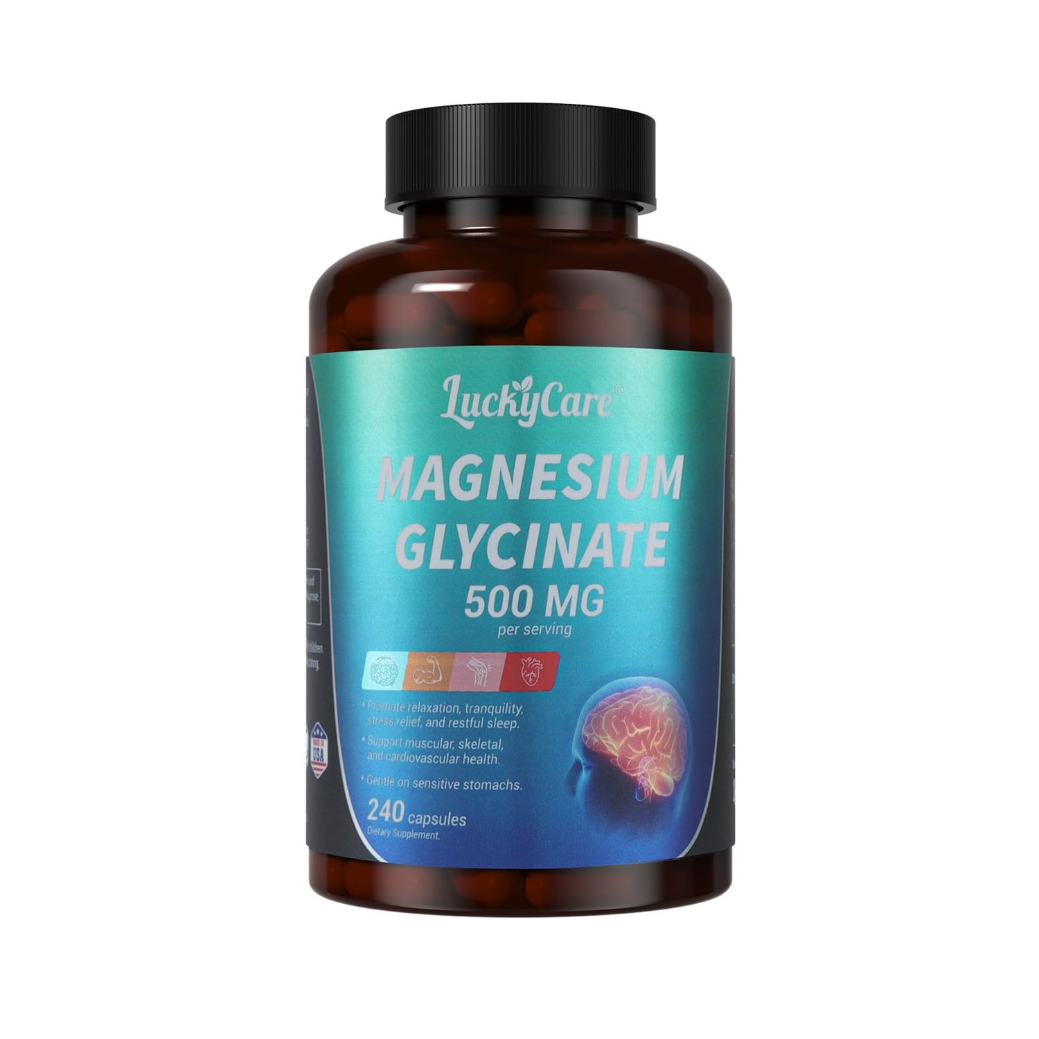 Luckycare Magnesium Glycinate 500mg - High Absorption Chelated Magnesium for Sleep, Stress, Muscle Nerve Support - Non-GMO, Gentle on Stomach - 240 Capsules