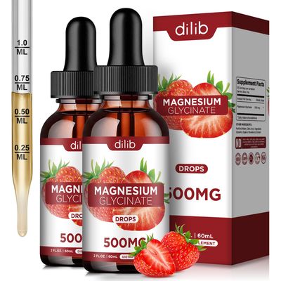 (2 Pack) Magnesium Glycinate Supplement, Liquid Magnesium Glycinate Liquid Drops 500mg-Support Stress Relief, Relaxation, Mood, Sleep, Bone Muscle-4 Fl Oz, Vegan, Strawberry Flavor