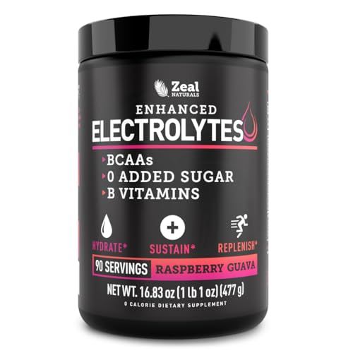 Zeal Naturals Electrolyte Powder Recovery Drink (90 Servings Raspberry Guava) w 0 Sugar BCAAs B-Vitamins Electrolyte Supplement w Potassium Zinc Magnesium for Hydration - Keto Electrolytes