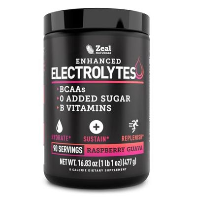 Zeal Naturals Electrolyte Powder Recovery Drink (90 Servings Raspberry Guava) w 0 Sugar BCAAs B-Vitamins Electrolyte Supplement w Potassium Zinc Magnesium for Hydration - Keto Electrolytes