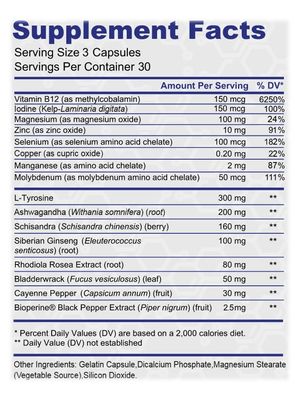 Thyroid Support - Ltyrosine, Iodine, Vitamin B12 Complex, Zinc, Selenium, Ashwagandha, Copper More 30 Day Supply