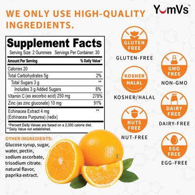 Zinc Vitamin C and Echinacea Gummies for Adults and Kids by YumVs Chewable Gummy - Vegetarian, Halal, Kosher Orange Flavor - 60 Count