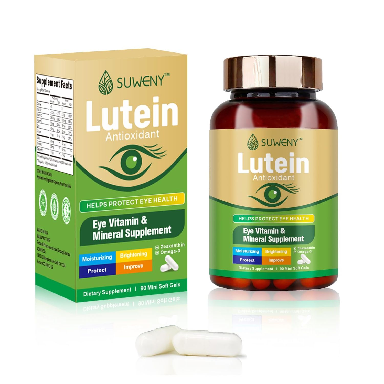 SUWENY Lutein Eye Vitamins Supplement for Adults - 90 Capsules, Supports Eye Health with Zeaxanthin, Zinc, Vitamins C E, Vegan Formula for Blue Light Protection Macular Support (1)