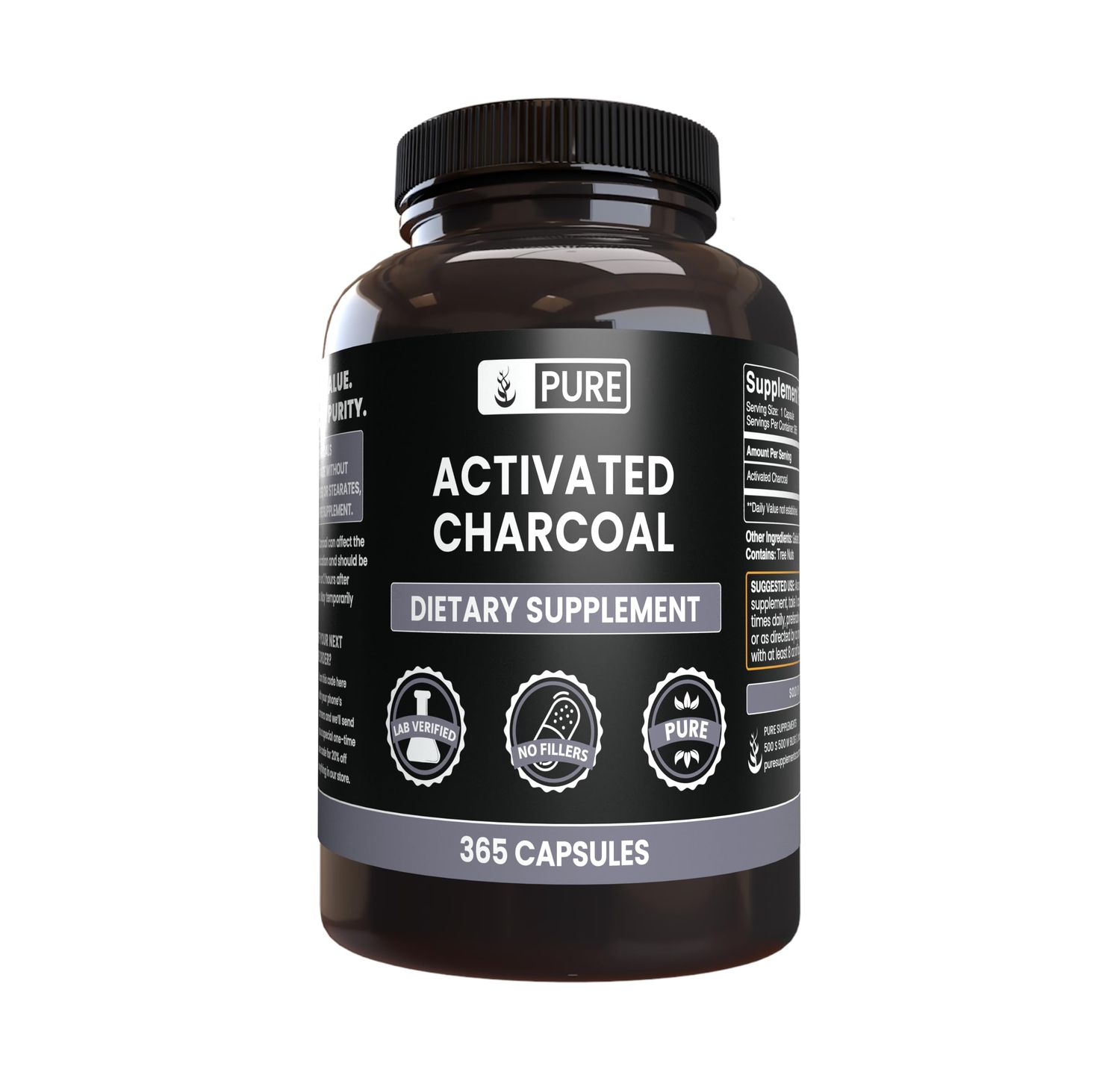 Pure Original Ingredients Activated Charcoal, No Magnesium or Rice Fillers, Always Pure, Lab Verified (365 Count)