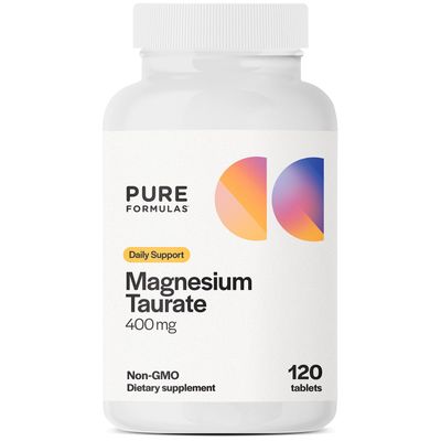 Pure Formulas Magnesium Taurate 400mg - 120 Tablets - Non-GMO Magnesium Supplement for Cardiovascular Health, Muscle Function, and Relaxation - Essential Mineral with Calming Taurine - 1-Month Supply