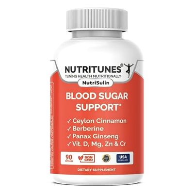 Nutritunes Blood Sugar Support Supplement - Ceylon Cinnamon, Berberine, Panax Ginseng, Chromium, Vitamin D, Magnesium, and Zinc - 90 NutriSulin Capsules