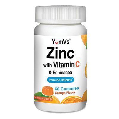 Zinc Vitamin C and Echinacea Gummies for Adults and Kids by YumVs Chewable Gummy - Vegetarian, Halal, Kosher Orange Flavor - 60 Count