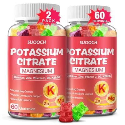 SUOOCH 2 Pack Potassium Citrate Gummies 120 Count, 1200mg Potassium Supplement, Potassium Gummies for Women Men, Chewable Potassium Magnesium Zinc Supplement, Support Leg Cramps Muscle Health