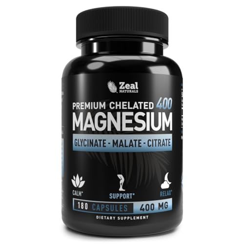 Premium Chelated Magnesium Glycinate, Malate, Citrate (400mg 180 Capsules) Triple Blend Magnesium Complex