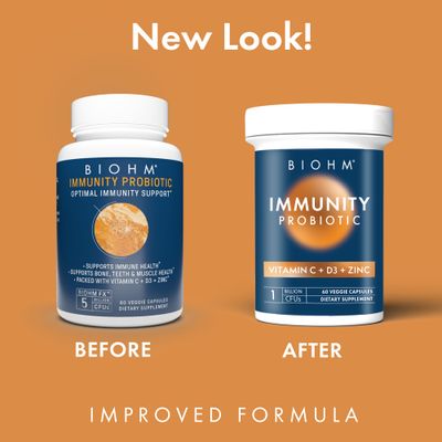 BIOHM Immunity Probiotic with Vitamin C, D3 Zinc, 1 Billion CFU (60 Capsules) Daily Probiotics for Women Men, Digestive Health Immune Support, Vegan, Gluten-Free and Non-GMO