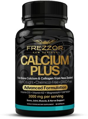 FREZZOR Calcium Plus with UAF1000, New Zealand Natural Raw Calcium Supplement for Bones, Teeth, Gut Health, Cardiovascular Support, Phosphorus, Magnesium, Collagen, Selenium, 90 Capsules, 1 Bottle