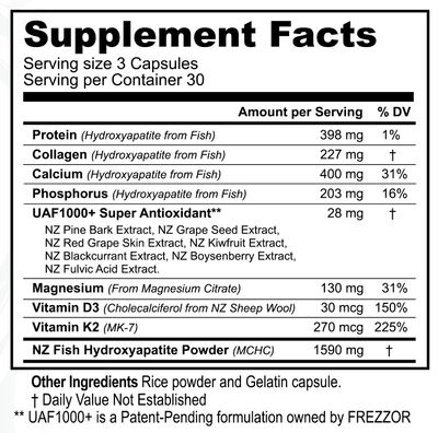 FREZZOR Calcium Plus with UAF1000, New Zealand Natural Raw Calcium Supplement for Bones, Teeth, Gut Health, Cardiovascular Support, Phosphorus, Magnesium, Collagen, Selenium, 90 Capsules, 1 Bottle