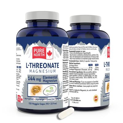 Pure Magnesium L-Threonate 125 vcaps 144mg of Elemental Magnesium (Magtein Magnesium Supplements) 9035 vcaps Free - PURE NORTH NATURALS - 3rd Party Tested Formulated and Made in Canada
