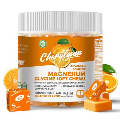 Magnesium Glycinate Soft Chews, Orange Flavor..Chewable Sugar Free Potassium Magnesium Chews with Magnesium Glycinate, Vitamin D, B6, and CoQ10 for Calm Support Sleep for Adults, 60 Days