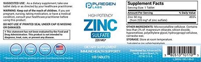 Zinc 220mg High Potency Supplement - Zinc Sulfate for Immune Support System 100 Tablets