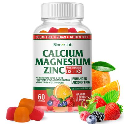 Calcium Magnesium Zinc Gummies with Vitamin D3 K2 - High Potency Enhanced Absorption - Orange and Berry Flavored