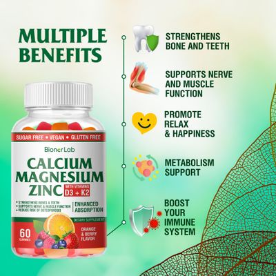 Calcium Magnesium Zinc Gummies with Vitamin D3 K2 - High Potency Enhanced Absorption - Orange and Berry Flavored
