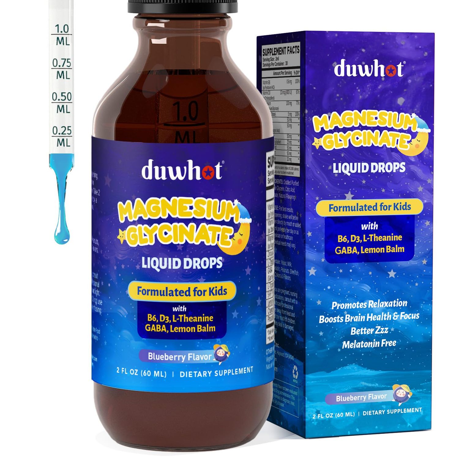 duwhot Magnesium Glycinate Liquid Drops for Kids, 100 mg Magnesium Supplement with L-Theanine, GABA, Vitamin B6, D3 for Sleep Relaxation, Melatonin Free, Sugar Free, 2 Fl Oz
