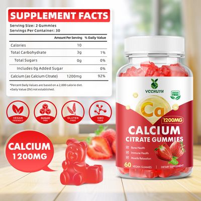 VCCHUYH Calcium Citrate Gummies 1200mg, Chewable Calcium Supplements for Women Men, Sugar Free Calcium Gummies for Bone, Muscle Immune Support, Strawberry Flavor 60 Count