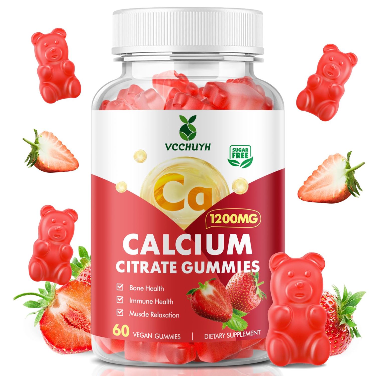 VCCHUYH Calcium Citrate Gummies 1200mg, Chewable Calcium Supplements for Women Men, Sugar Free Calcium Gummies for Bone, Muscle Immune Support, Strawberry Flavor 60 Count