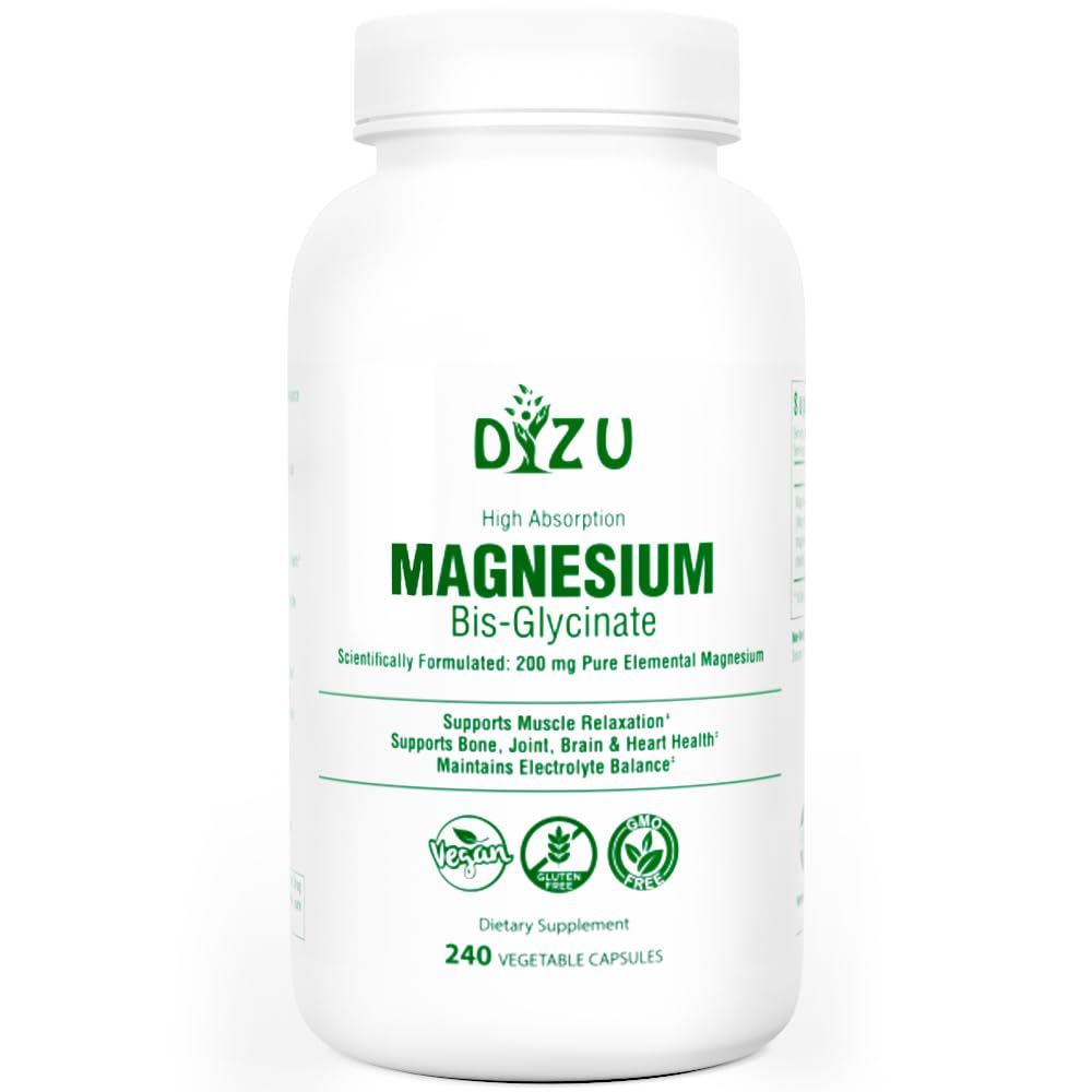 Dizu - Magnesium Bisglycinate 200 mg, Pure Elemental Chelated Complex, Supports Sleep, Muscle, Bone, Heart Energy Metabolism, with Glycine Oxide, Vegetable Capsules