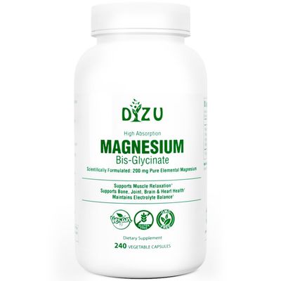 Dizu - Magnesium Bisglycinate 200 mg, Pure Elemental Chelated Complex, Supports Sleep, Muscle, Bone, Heart Energy Metabolism, with Glycine Oxide, Vegetable Capsules