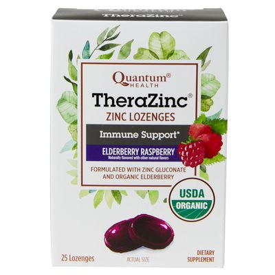 Quantum Health TheraZinc Organic Zinc Lozenges Elderberry Sambucus Raspberry Honey Immune Support for Adults Kids 12 Naturally Flavored Fast Relief with No Aftertaste - 25 Count