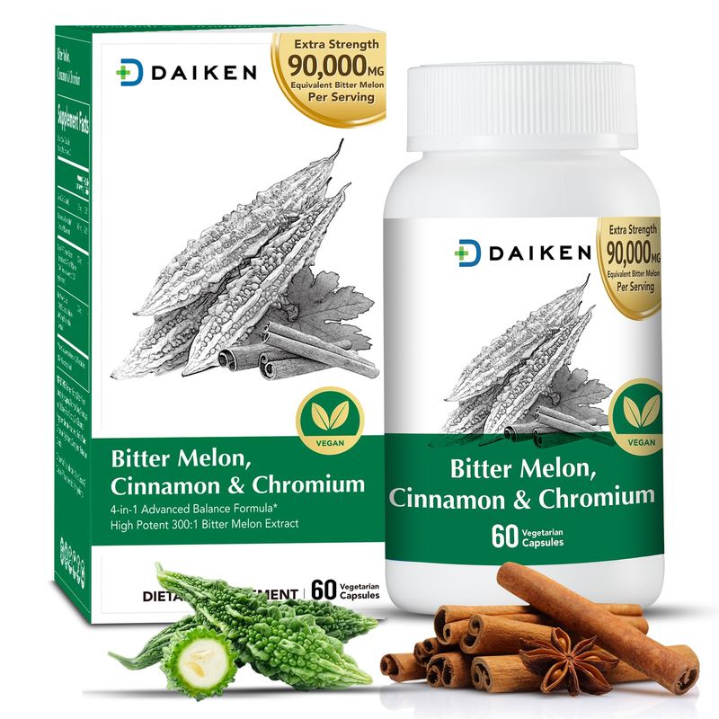 DAIKEN Bitter Melon, Cinnamon Chromium, 90,000 mg Bitter Melon Equivalent Per Serving Extra Strength, 100 Vegetarian Bitter Melon Capsules with Cinnamon Chromium Zinc, 60 Capsules