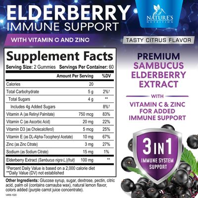 Sambucus Elderberry Immune Gummies, Daily Elderberry Immune Support Vitamins with Vitamin C, Vitamin D3, Zinc, Immune Support Gummy Vitamin Supplement, Black Elder berry for Adult Kid - 120 Gummies