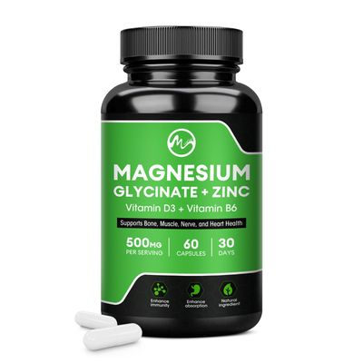 Magnesium Glycinate Capsules, Magnesium Glycinate Supplement with Zinc, Vitamin D3 B6 - Promotes Nerve, Bowel, Relaxation Function - 60 Vegan Capsules