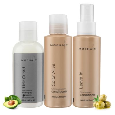 MOEHAIR Travel Kit: Hair Guard Shampoo, Color Alive Conditioner, and Leave-in Conditioner (3 x 3.4 Fl Oz)