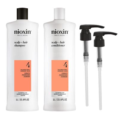 Nioxin System 4 Shampoo Conditioner Prepack For Color or Damaged Hair with Progressed Thinning With Niacinamide and Biotin Pumps Included 33.8 Fl oz.