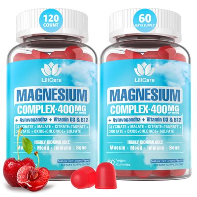 LILICARE Sugar Free Magnesium Gummies for Adults 400mg - 8 Forms of Magnesium, Glycinate, Citrate, Malate More - Magnesium Complex Supplement with Ashwagandha, Vitamin D3, B12 for Calm, Relax, Vegan