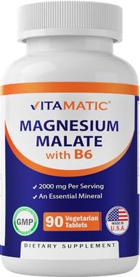 Vitamatic Magnesium Malate 2000mg per Serving - 90 Vegetarian Tablets - Added B6 for Maximum Absorption - Supports Muscle, Joint, and Heart Health (1 Bottle, Unflavored)