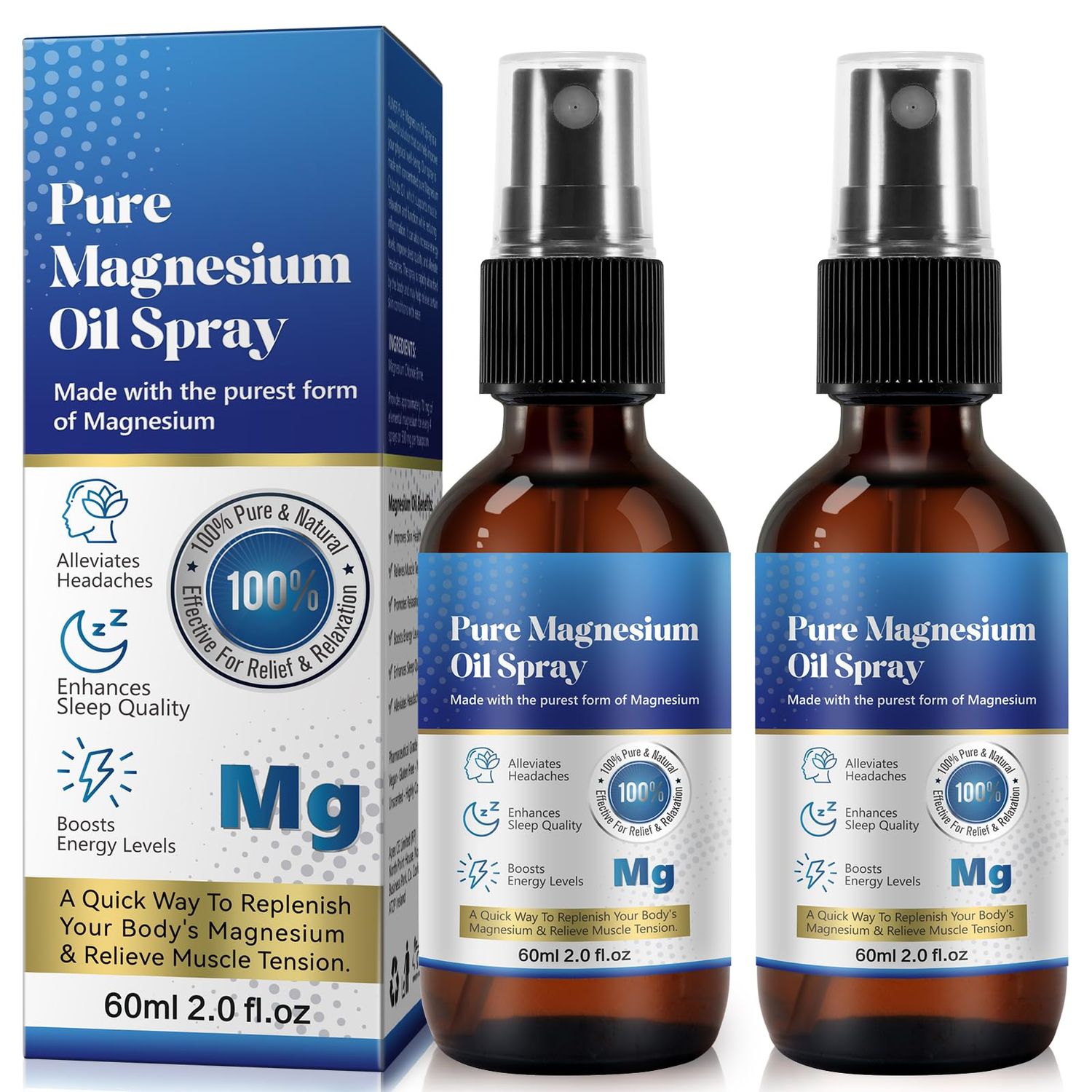 Generic 2 Pack Pure Magnesium Oil Spray, Magnesium Oil Spray, 100 Pure Natural Organic Concentrated Magnesium Chloride Oil
