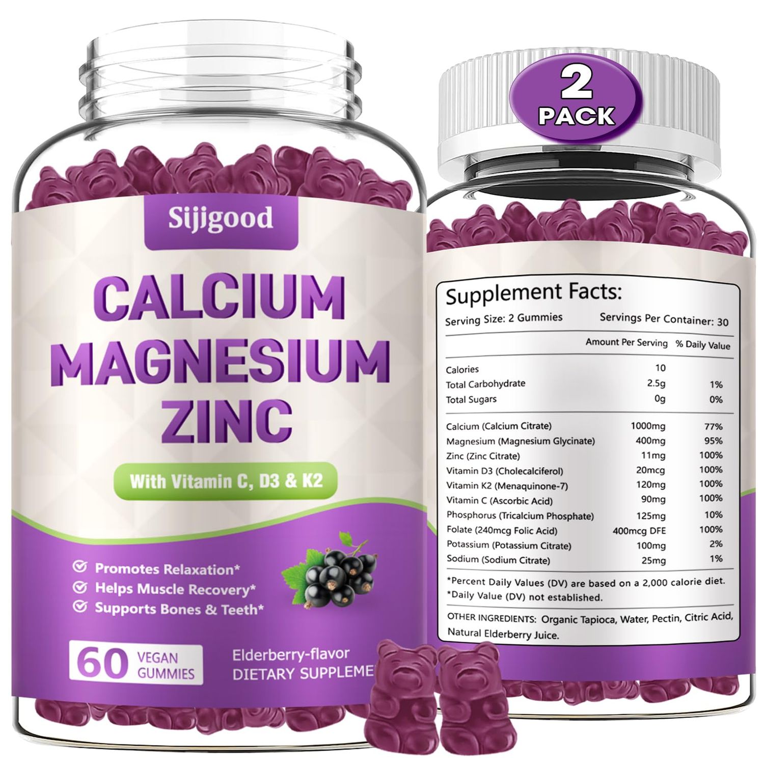 2 Pack Calcium Magnesium Zinc Gummies with Vitamin C D3 K2, Calcium Gummies for Bone, Muscle, Calm Zzz Support, High Absorption Formula with Magnesium Zinc Potassium, Elderberry Flavored 120 Cts